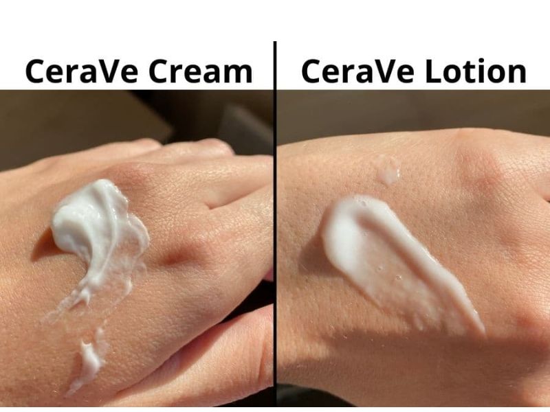 Sự khác biệt giữa kết cấu của kem dưỡng (bên trái) và sữa dưỡng (bên phải) của các sản phẩm thương hiệu Cerave